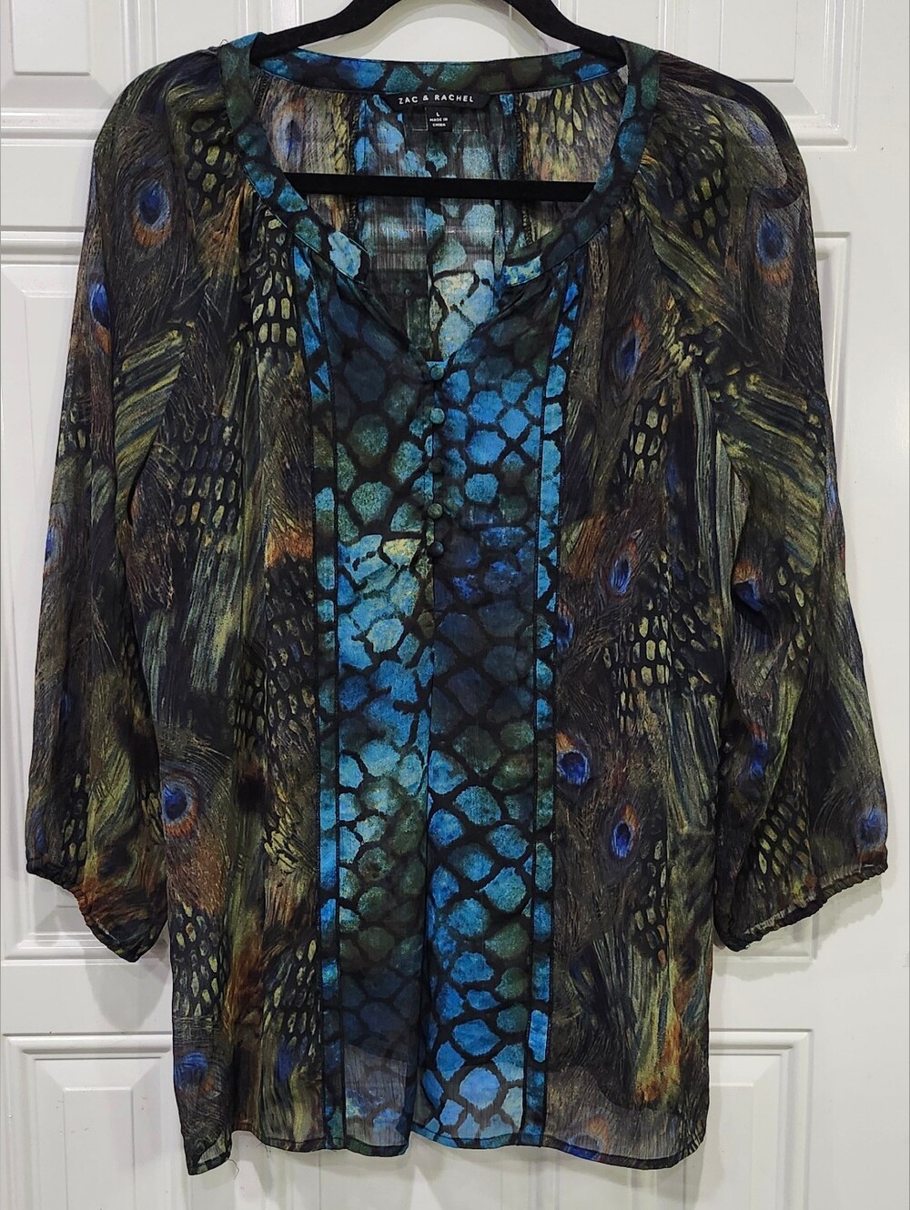 Zac & Rachel Peacock Print Sheer Blouse Women's Size Large